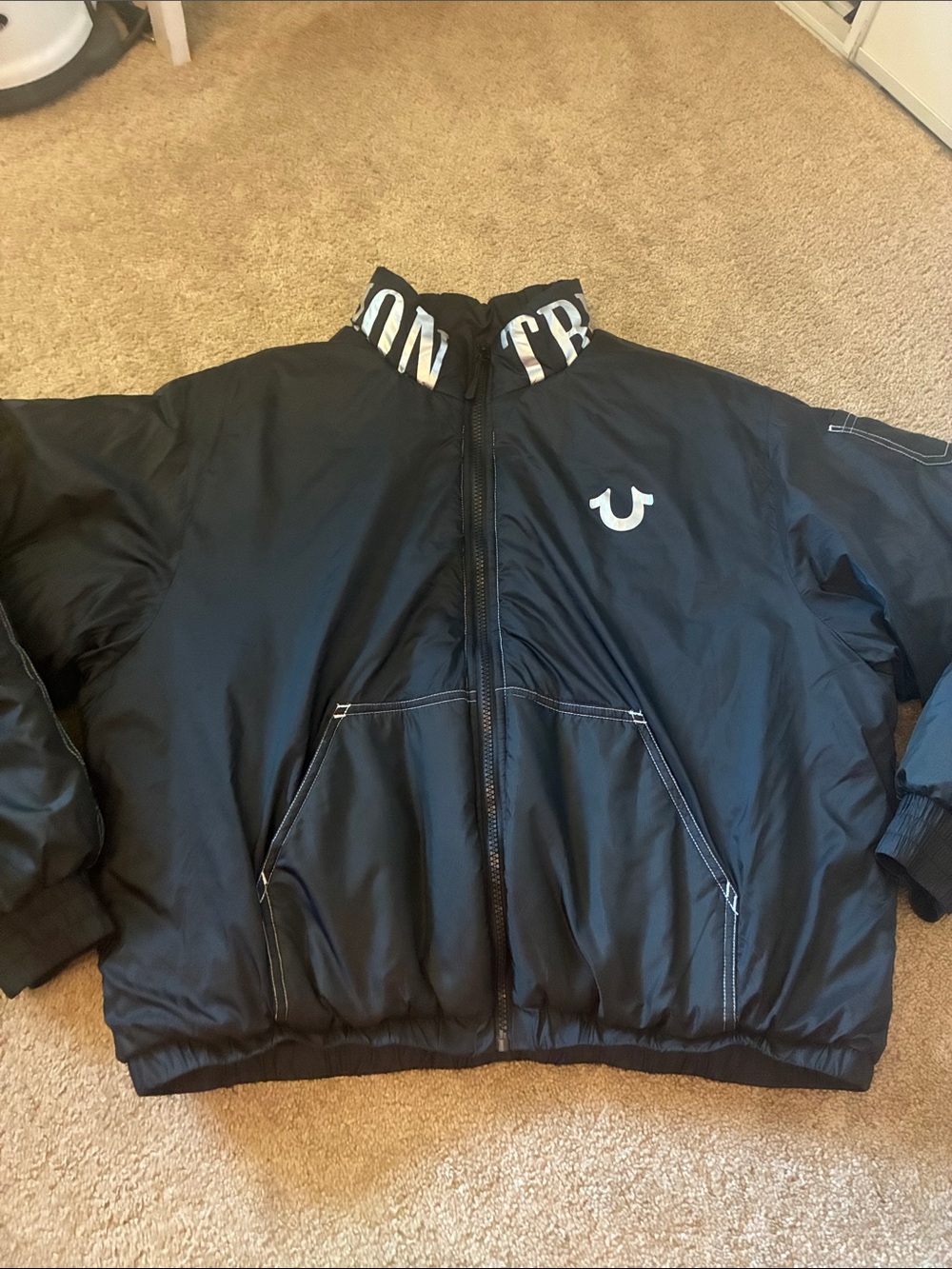 True Religion Black Puffer Jacket with Logo Collar